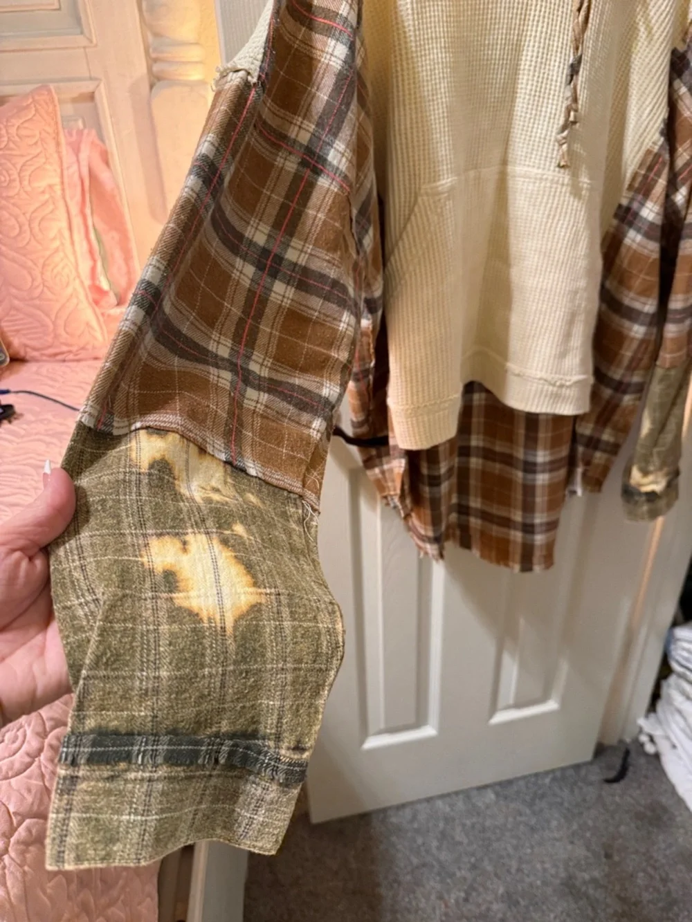 Oli & Hali Cream Waffle Knit Hoodie with Brown Plaid Accents - Picture 5 of 7